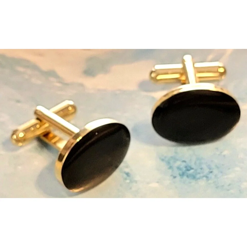 Vintage Black Lucite & Gold-tone Cufflinks Cuff Links Oval Man's cl-